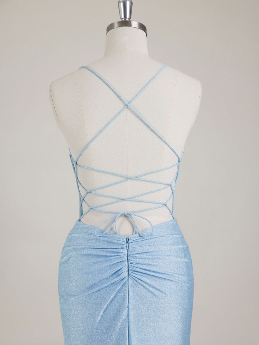 Mermaid Spaghetti Straps V-Neck Sequins Prom Dress with Slit