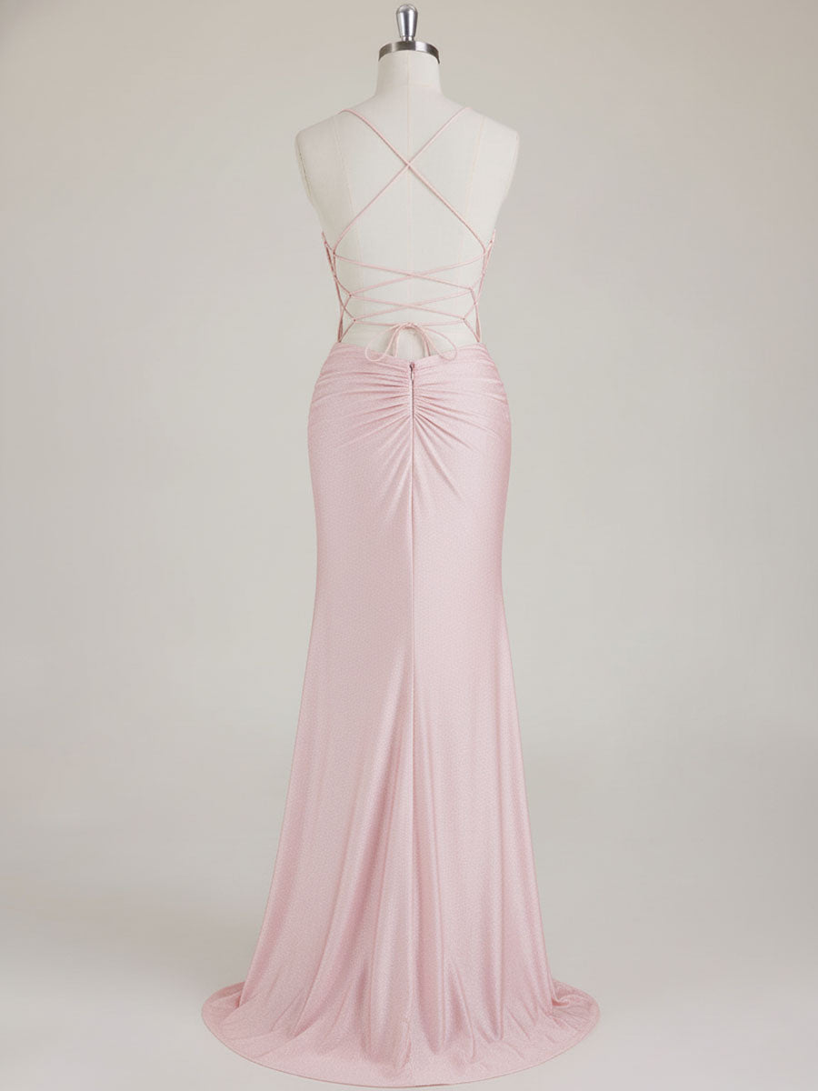 Mermaid Spaghetti Straps V-Neck Sequins Prom Dress with Slit