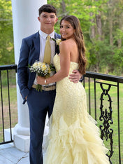 Mermaid Strapless Appliques Ruffles Hem Long Prom Dress