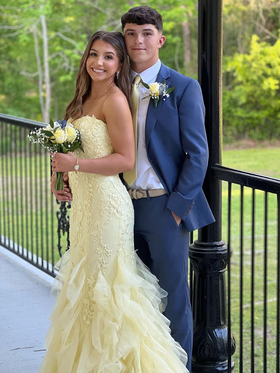 Mermaid Strapless Appliques Ruffles Hem Long Prom Dress