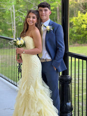 Mermaid Strapless Appliques Ruffles Hem Long Prom Dress