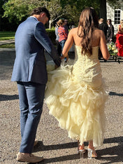 Mermaid Strapless Appliques Ruffles Hem Long Prom Dress
