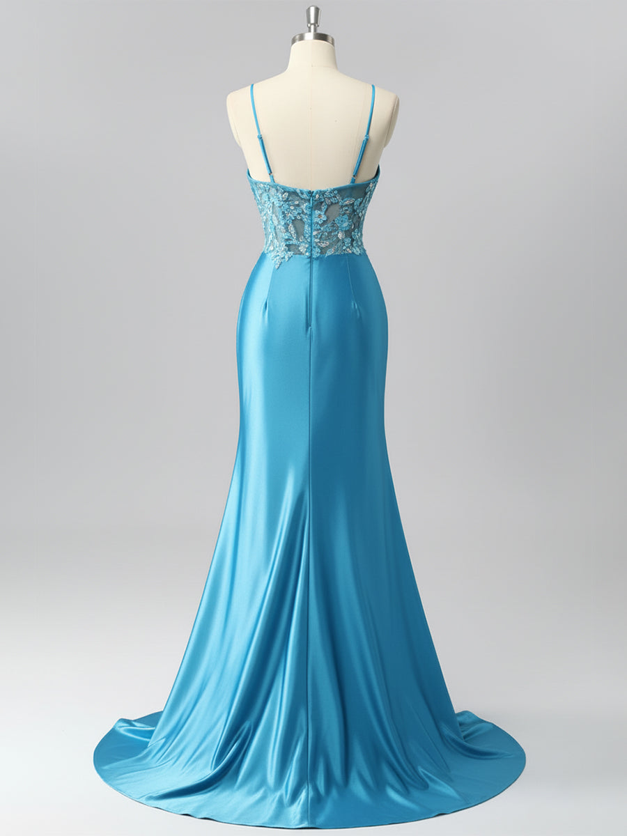 Mermaid Sweetheart Sequins Tie Back Corset Long Prom Dress with Slit