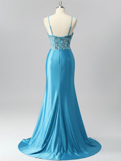 Mermaid Sweetheart Sequins Tie Back Corset Long Prom Dress with Slit