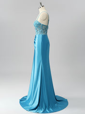Mermaid Sweetheart Sequins Tie Back Corset Long Prom Dress with Slit
