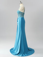 Mermaid Sweetheart Sequins Tie Back Corset Long Prom Dress with Slit