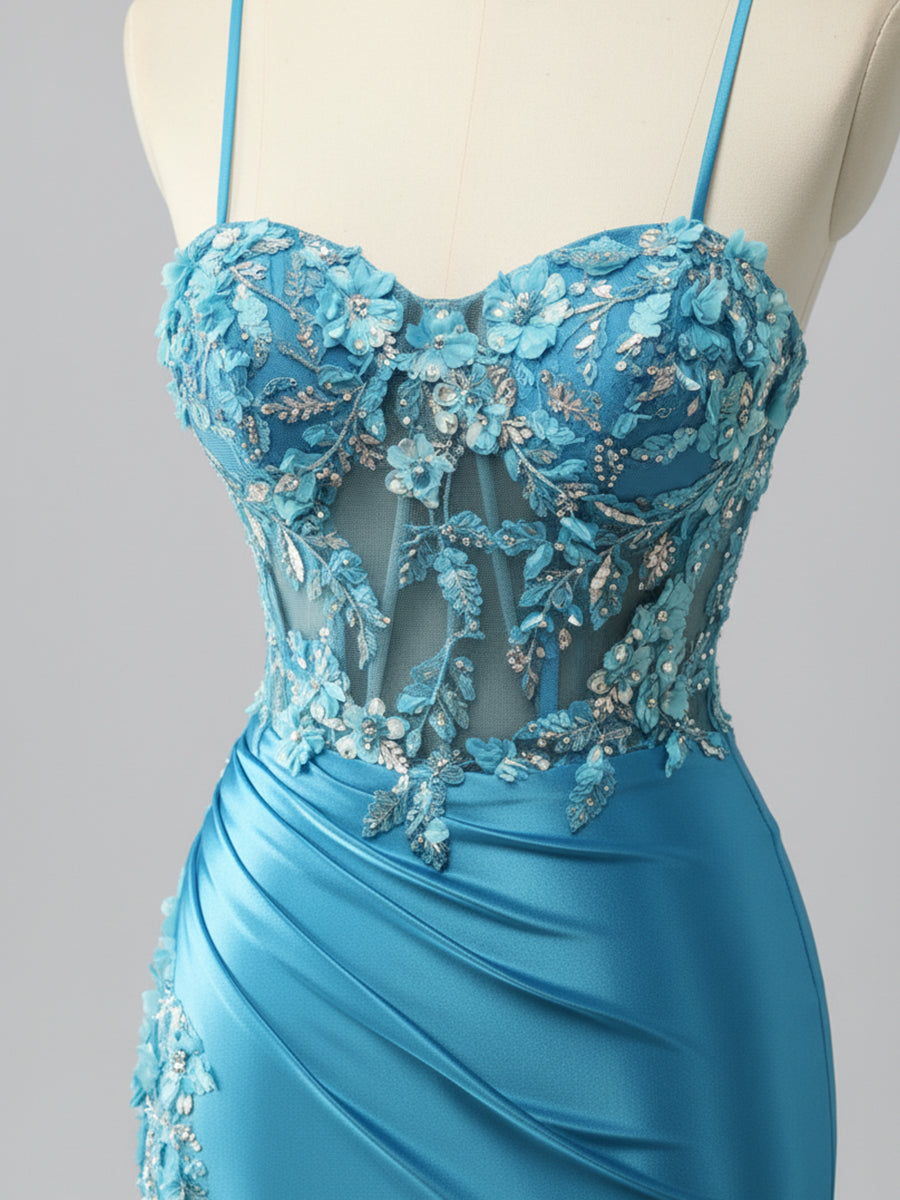 Mermaid Sweetheart Sequins Tie Back Corset Long Prom Dress with Slit