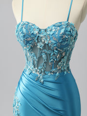 Mermaid Sweetheart Sequins Tie Back Corset Long Prom Dress with Slit