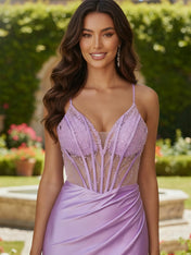 Mermaid V Neck Long Prom Dress with Beading Pleated