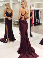 Mermaid V Neck Satin Beaded Long Prom Dress with Slit