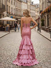 Mermaid V Neck Satin Fitted Ruffle Prom Dress with Slit