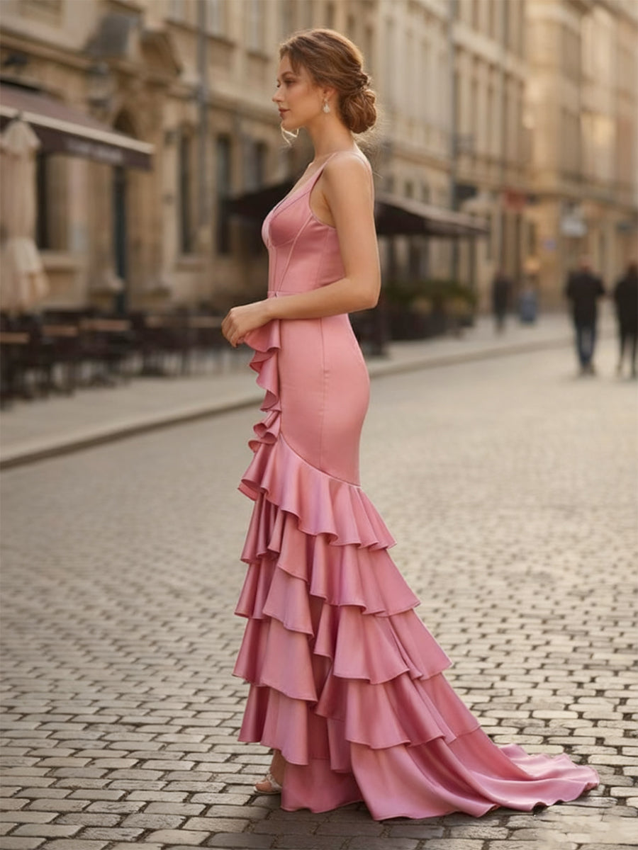 Mermaid V Neck Satin Fitted Ruffle Prom Dress with Slit