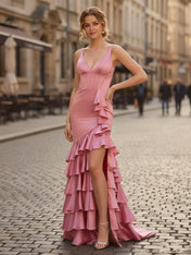Mermaid V Neck Satin Fitted Ruffle Prom Dress with Slit