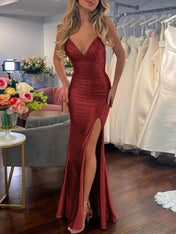 Mermaid V Neck Satin Hot Stone Prom Dress with Slit