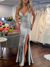 Mermaid V Neck Satin Hot Stone Prom Dress with Slit