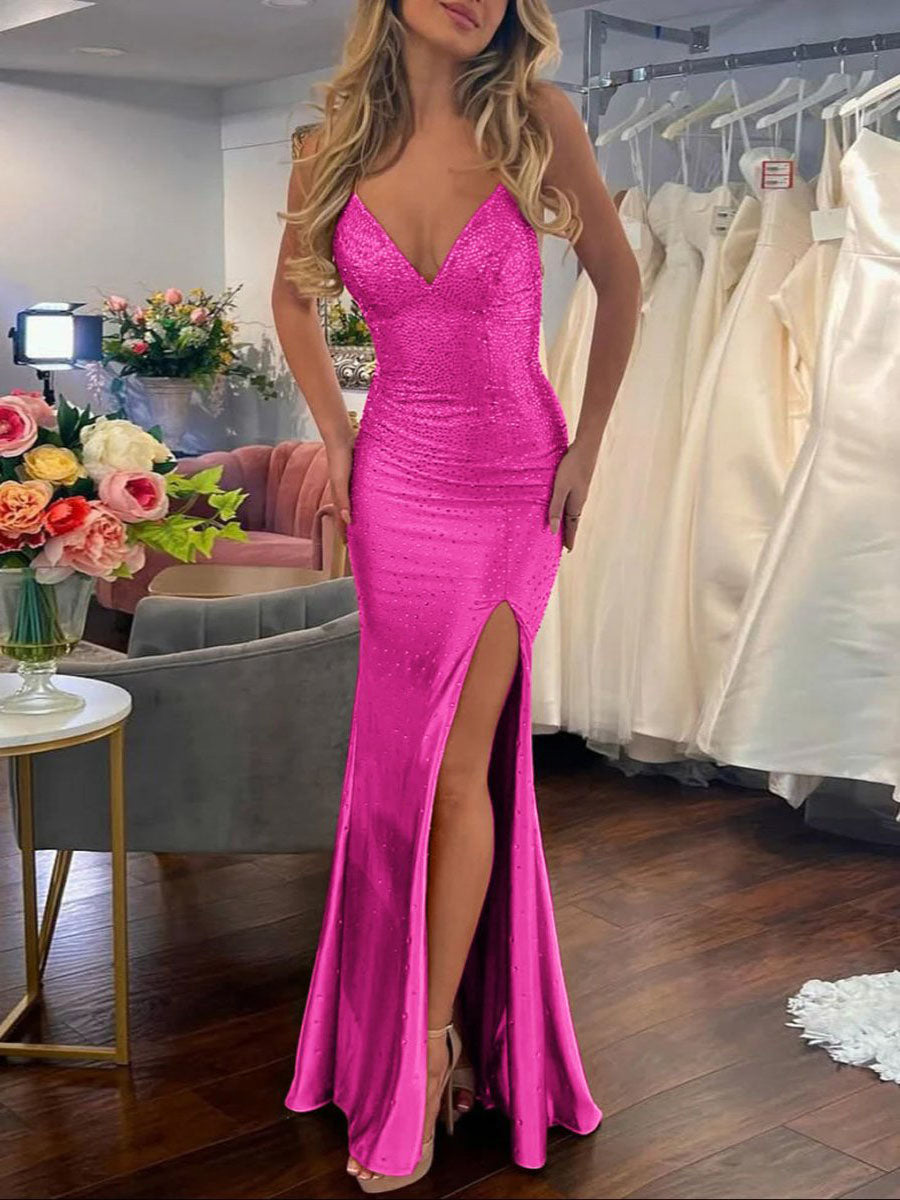 Mermaid V Neck Satin Hot Stone Prom Dress with Slit