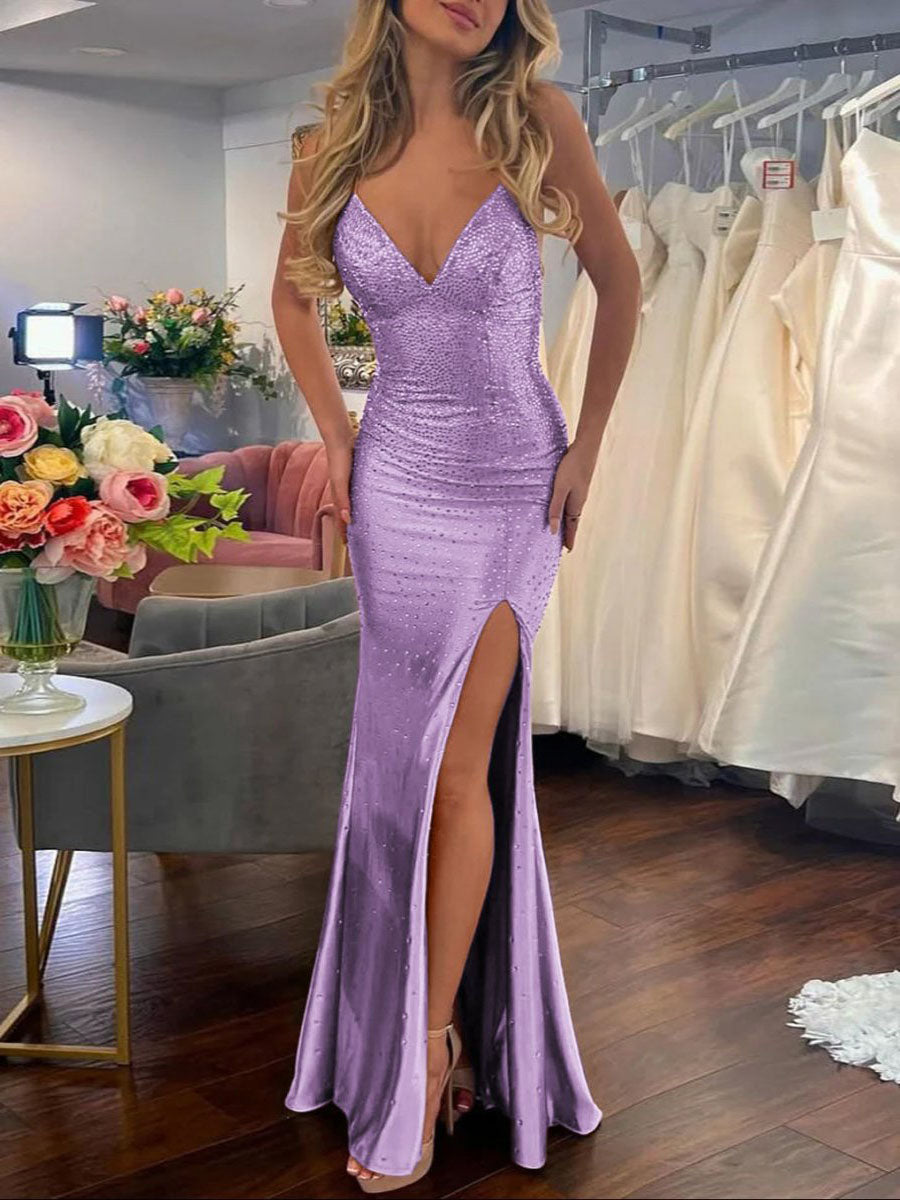 Mermaid V Neck Satin Hot Stone Prom Dress with Slit