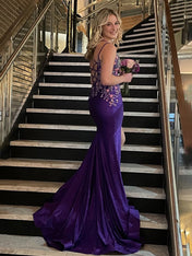 Mermaid V Neck Satin Long Prom Dress with Appliques
