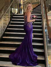 Mermaid V Neck Satin Long Prom Dress with Appliques