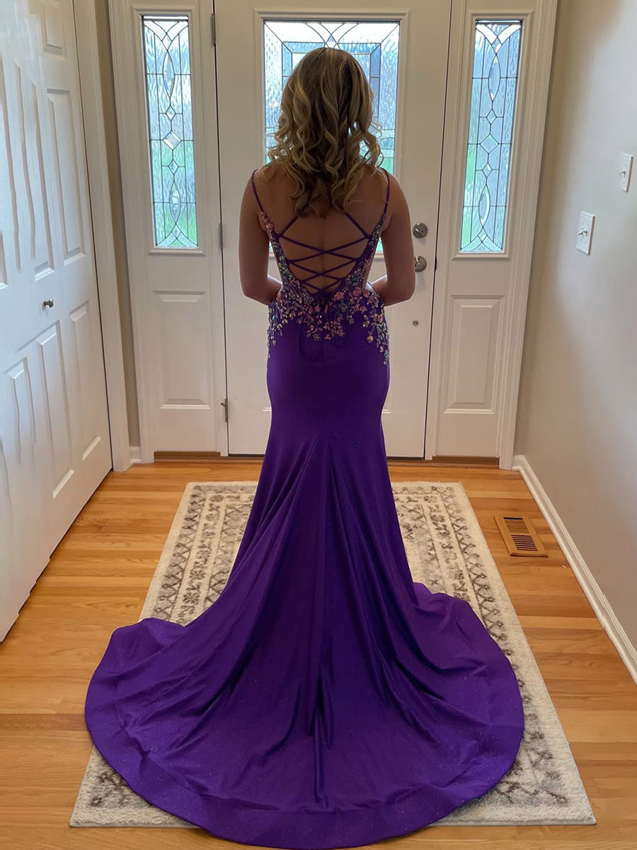 Mermaid V Neck Satin Long Prom Dress with Appliques