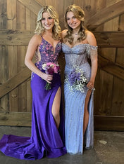 Mermaid V Neck Satin Long Prom Dress with Appliques