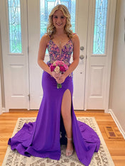 Mermaid V Neck Satin Long Prom Dress with Appliques