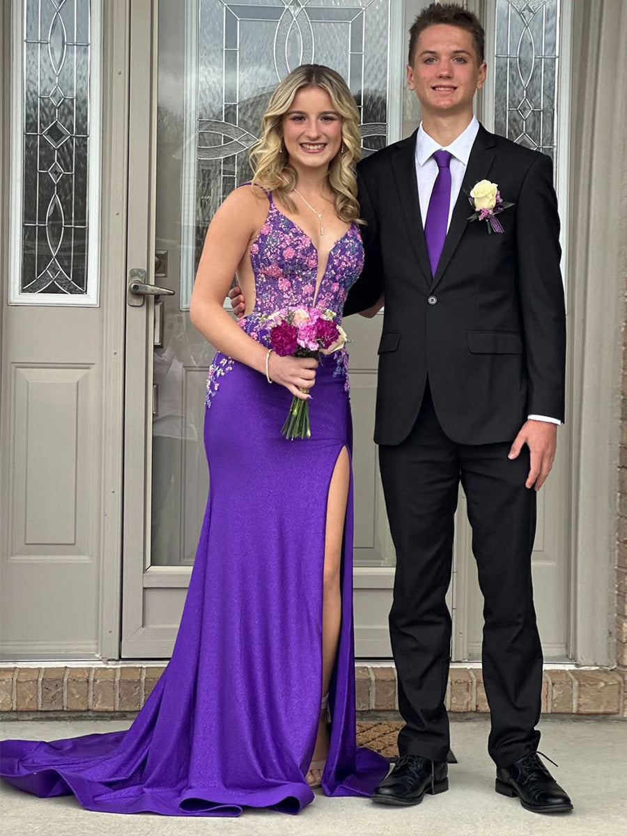 Mermaid V Neck Satin Long Prom Dress with Appliques