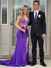 Mermaid V Neck Satin Long Prom Dress with Appliques