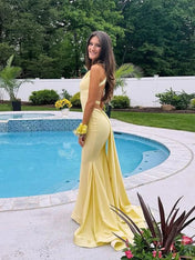 Mermaid V Neck Satin Long Prom Dress with Cross Back