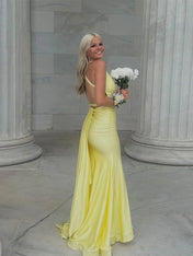 Mermaid V Neck Satin Long Prom Dress with Cross Back
