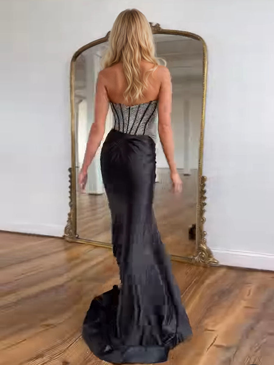 Mermaid Beaded Top Long Satin Prom Dress with Slit