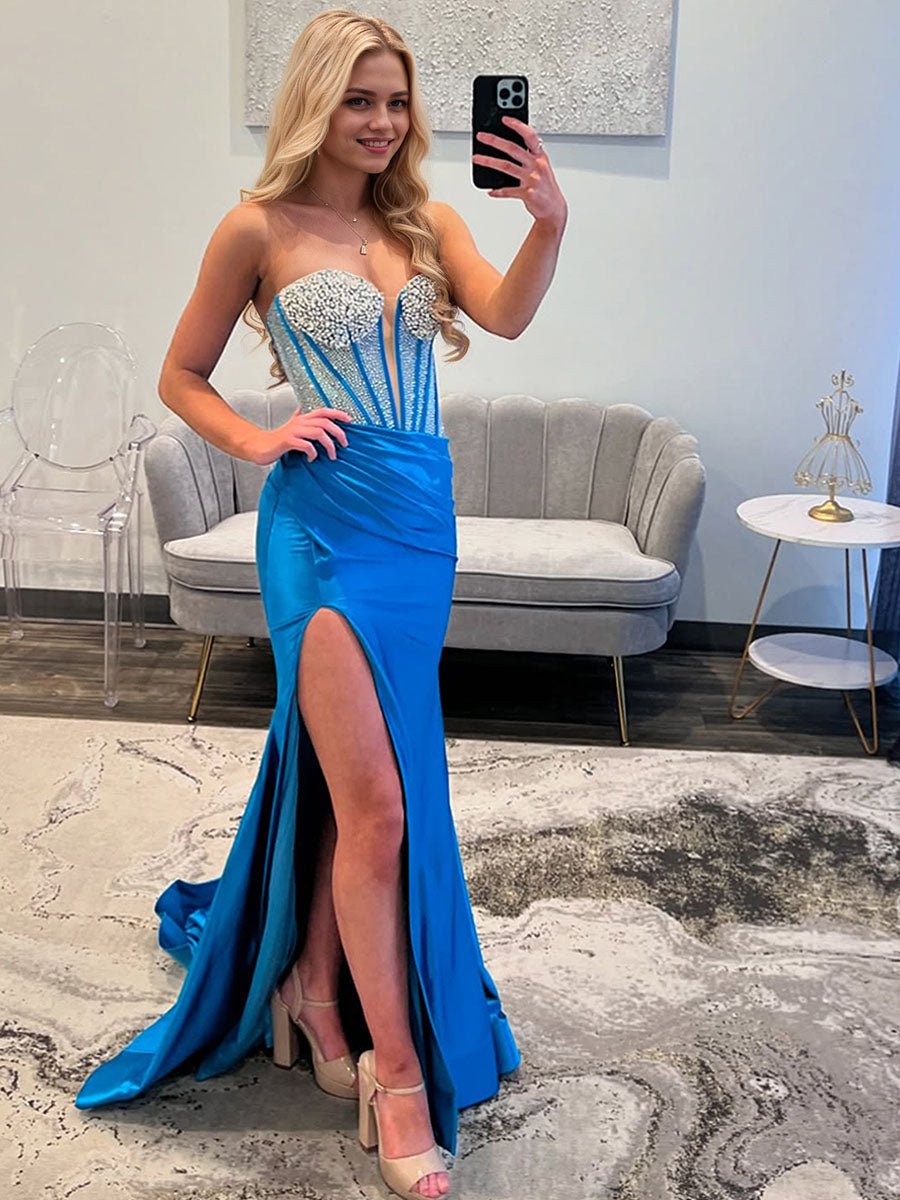 Mermaid Beaded Top Long Satin Prom Dress with Slit