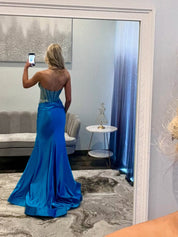 Mermaid Beaded Top Long Satin Prom Dress with Slit