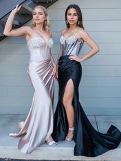 Mermaid Beaded Top Long Satin Prom Dress with Slit