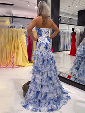 Pink Mermaid Flower Strapless Corset Tiered Tulle Long Prom Dress