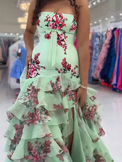 Pink Mermaid Flower Strapless Corset Tiered Tulle Long Prom Dress