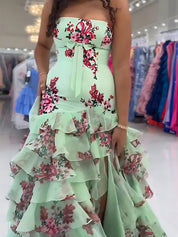 Pink Mermaid Flower Strapless Corset Tiered Tulle Long Prom Dress