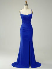Mermaid Halter Beaded Long Prom Dress with Appliques and Slit