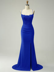 Mermaid Halter Beaded Long Prom Dress with Appliques and Slit