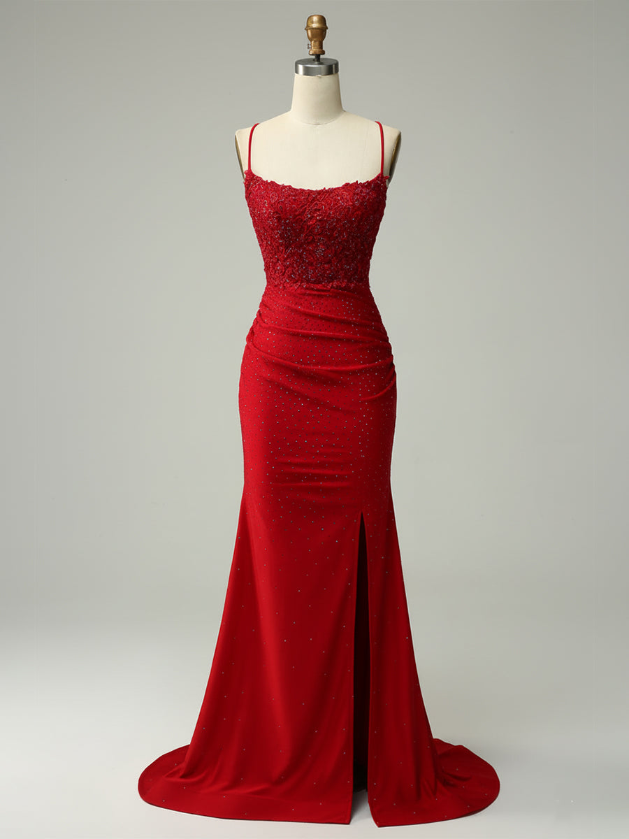 Mermaid Halter Beaded Long Prom Dress with Appliques and Slit