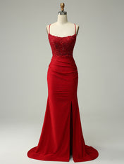 Mermaid Halter Beaded Long Prom Dress with Appliques and Slit