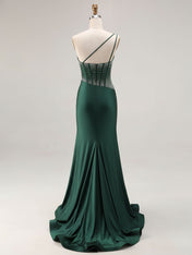 Mermaid One Shoulder Corset Long Prom Dress With Beading