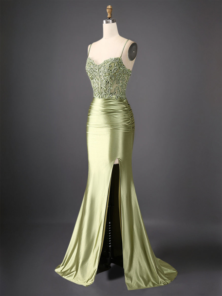 Mermaid Spaghetti Straps Bodice Long Prom Dress with Beads