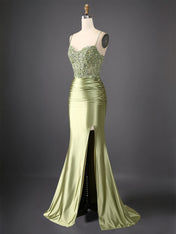 Mermaid Spaghetti Straps Bodice Long Prom Dress with Beads