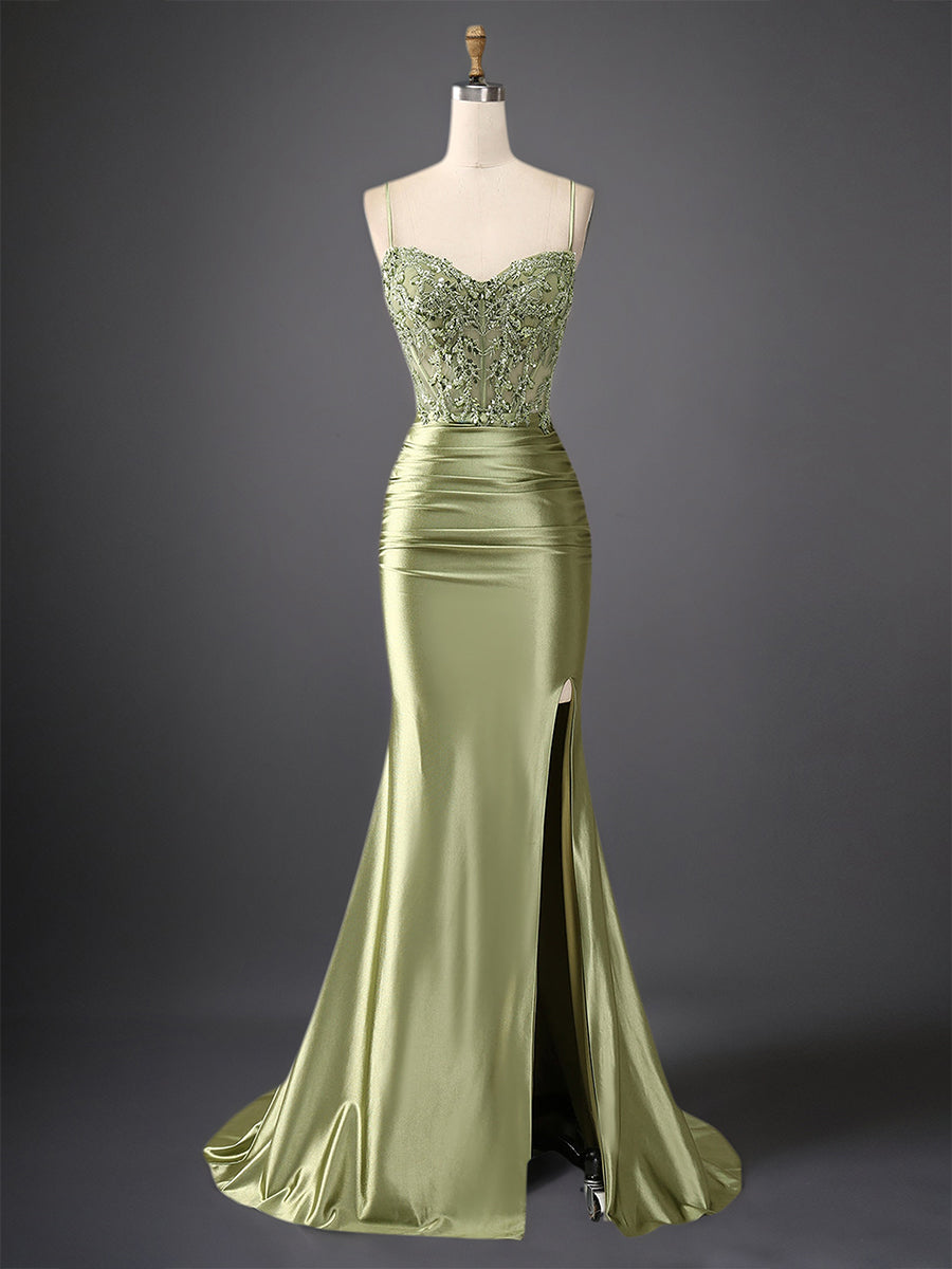 Mermaid Spaghetti Straps Bodice Long Prom Dress with Beads