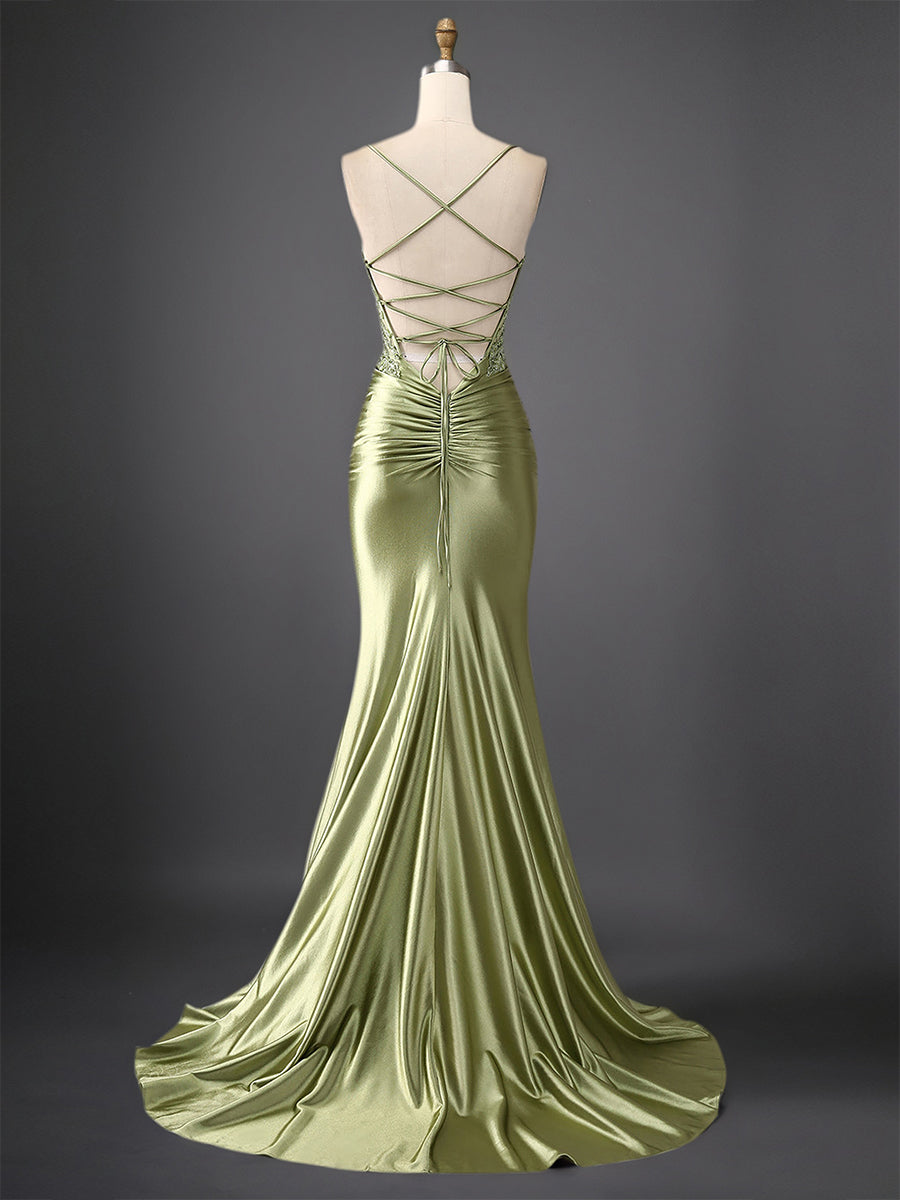 Green Mermaid Spaghetti Straps Bodice Long Prom Dress with Beads