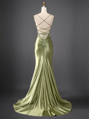 Green Mermaid Spaghetti Straps Bodice Long Prom Dress with Beads