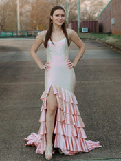 Mermaid Spaghetti Straps Rhinestone Ruffles Long Prom Dress with Slit
