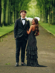 Mermaid Spaghetti Straps Rhinestone Ruffles Long Prom Dress with Slit