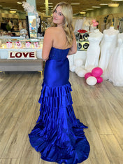 Pink Mermaid Strapless Satin Tiered Long Prom Dress with Sequins